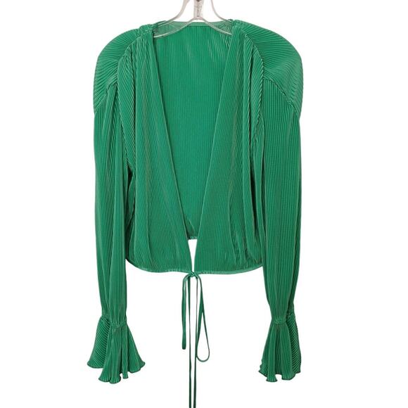 Zaful Women's Top Sz Medium Green Cropped Blouse Coverup Bell Sleeve Low V-neck - Picture 2 of 16